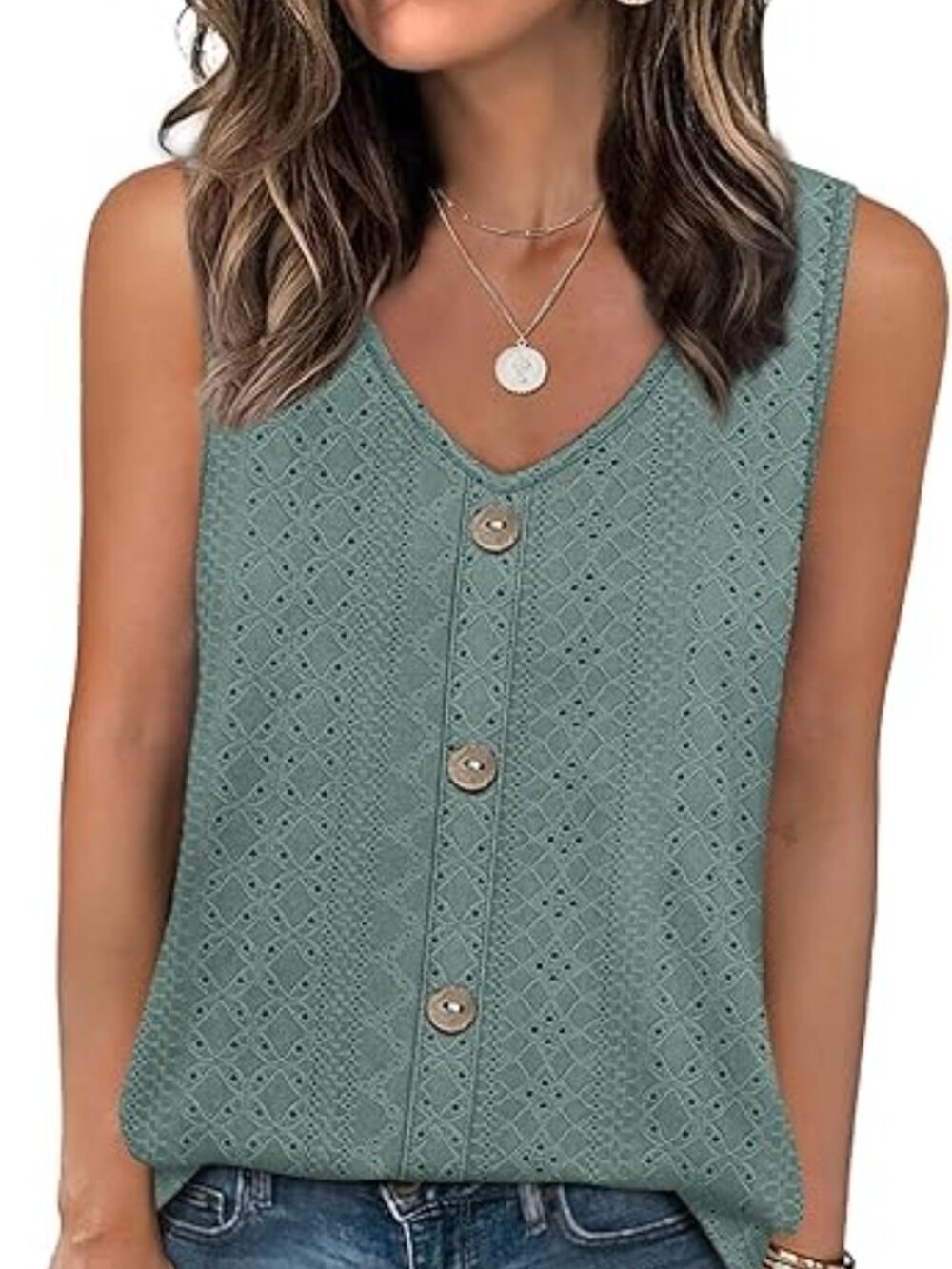 Women's Green Tank Tops Loose Casual Summer Eyelet V Neck Basic Sleeveless Shirt
